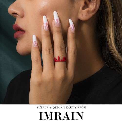 IMRAIN Short Square Press On Nails Glossy Pink French Tips Rhinestone Star