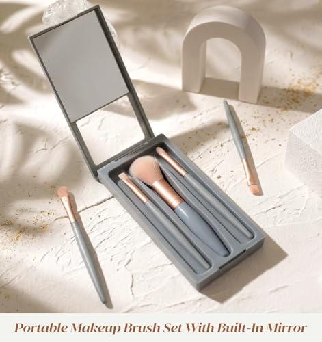 5-Piece Travel Makeup Brush Set with Mirror, Portable Soft Eyeshadow Brushes