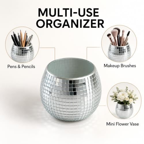 Glass Disco Ball Pencil Holder - Retro Makeup Brush Organizer