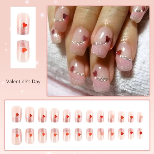 Valentines Press on Nails Medium French Tip with Red Heart Design