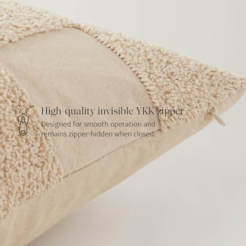 Double Stitch Checkered Throw Pillow Covers - 100% Cotton Tufted Boho Decorative Pillow Covers 20x20, Made in India, Square Plaid Cushion Case, Modern Home Decor for Couch, Sofa, Living Room, Oat