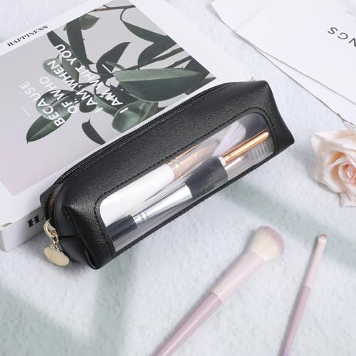 Clear Makeup Brush Bag - Small PU Leather Travel Cosmetic Pouch Black