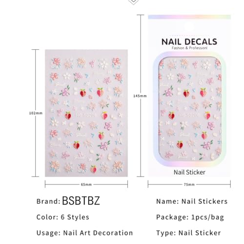 5D Embossed Flower Nail Art Stickers - Colorful Daisy Floral Decals Set (6 Sheets)