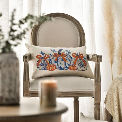 Blue Pumpkin Chinoiserie Pillow Cover - 12x20 Inch Fall Decor
