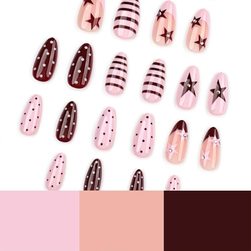 Red Polka Dot Press On Nails Medium Almond Fake Nails Y2k Star 24Pcs