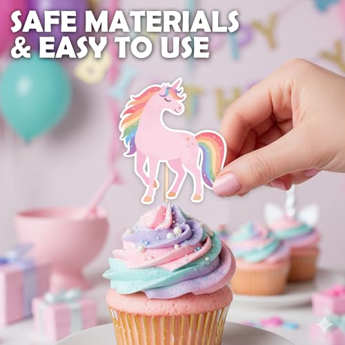 Rainbow Unicorn Cupcake Toppers - 36 Pack for Birthday Parties
