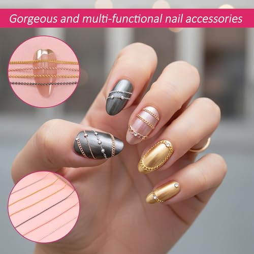 Metal Nail Art Chains 3D Gold Silver Gray Charms 12 Strips