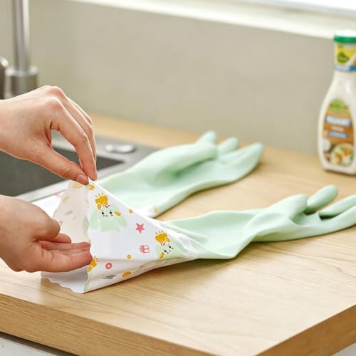 KINGFINGER PVC Flocked Dishwashing Gloves 2 Pairs Long Kitchen Gloves with Fleece Lining