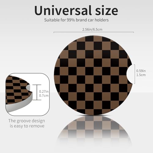 Khaki Checkered Ceramic Car Coasters - 2 Pack with Cork Base