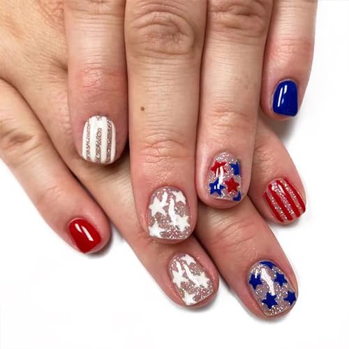 4th of July Short Square Press on Nails Red White Blue Star Fake Nails