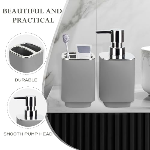 Grey Bathroom Accessories Set - 2 Pcs Soap Dispenser & Toothbrush Holder