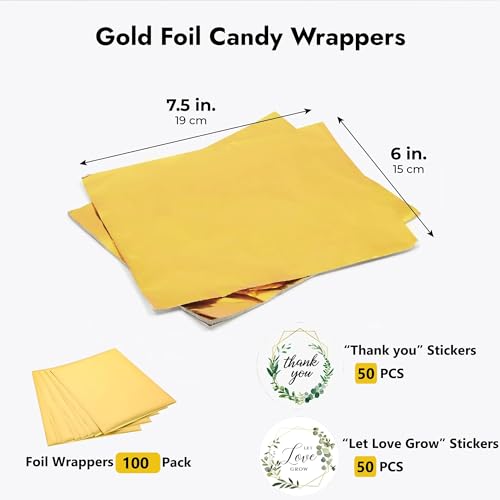 100 Pack Gold Foil Candy Bar Wrappers with Stickers, 6"x7.5"