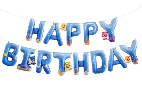 Blue Baby Shark Happy Birthday Banner Balloons - 16 Inch