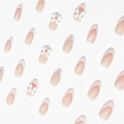 Almond Press on Nails - French Tips with Cute Bow Charms, Nude Pink Acrylic