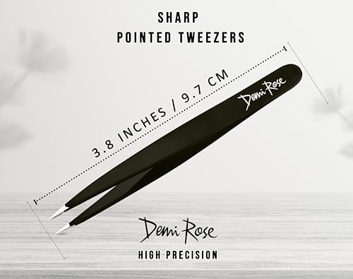 DEMI ROSE Pointed Precision Tweezers - Stainless Steel Fine Point Needle Nose Tweezers for Ingrown Hair, Splinters, and Eyebrows (Black)