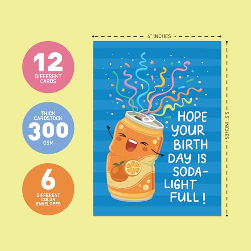 Funny Birthday Cards Bulk Set with Envelopes – 24 Punny Greeting Cards for Kids & Adults