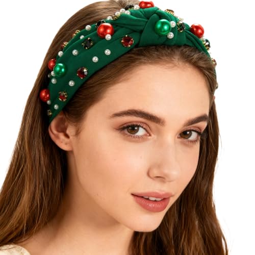 Christmas Jeweled Headband for Women Pearl Knotted Hairband