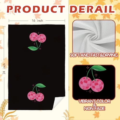 Cherry Kitchen Hand Towels Set of 2 - Pink & Black Decorative Dish & Bathroom Towels
