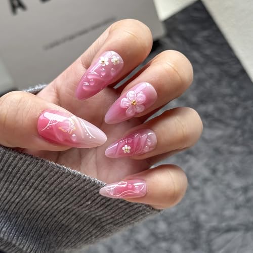 TEEKME Almond Press on Nails Pink Butterfly & Floral 3D Gold Details TK-031