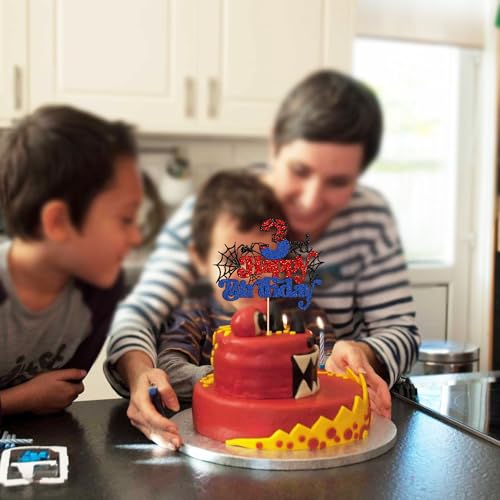 Spider Happy 3rd Birthday Cake Topper - Glitter Red & Blue Party Decor