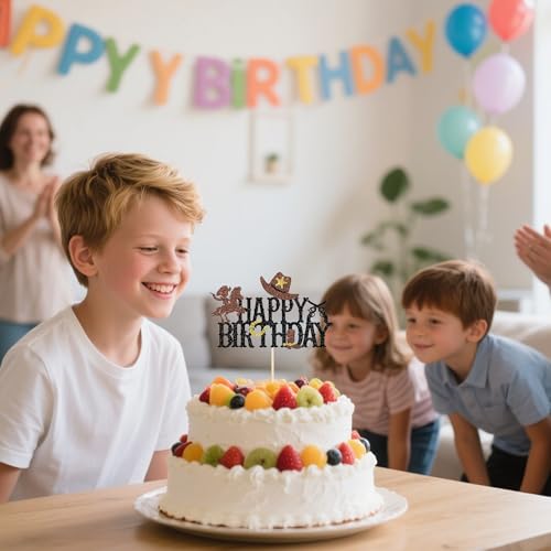 Western Cowboy Happy Birthday Cake Topper - Glitter Design