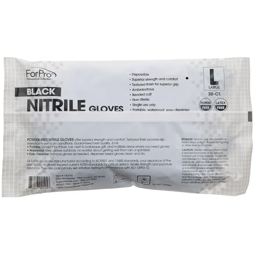 ForPro Professional Disposable Nitrile Gloves, 30 Count, Large, Black