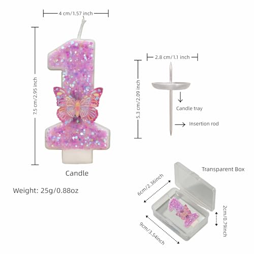 Pink Glitter Number 1 Birthday Candle with Butterfly Accent