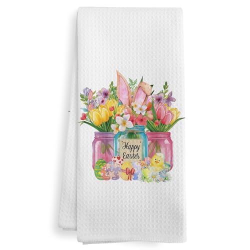 Easter Bunny and Floral Kitchen Towel, Microfiber Hand Dish Towel 16x24