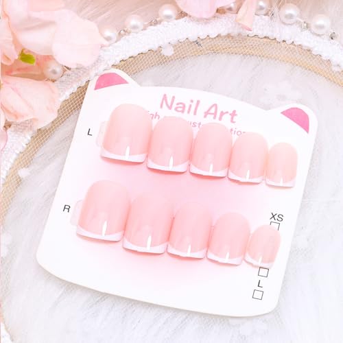 Short Square French Tip Press On Nails - 24Pcs Nude Glossy False Nails