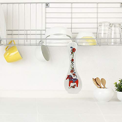 Red Ceramic Spoon Rest - Scandinavian Dala Horse Design, 10 Inch Kitchen Utensil Holder