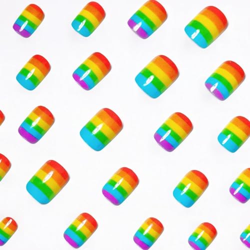 Rainbow Press on Nails Short Square Colorful Stripes Glossy Fake Nails 24Pcs