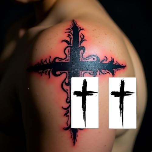 Black Herbal Cross Temporary Tattoo Stickers 2 Pcs Fake Body Art for Men Women