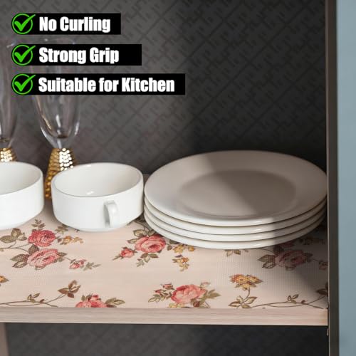 Tnjedigha Rose Floral Non-Adhesive Shelf Liner, 11.8" x 118.1" Cabinet Roll