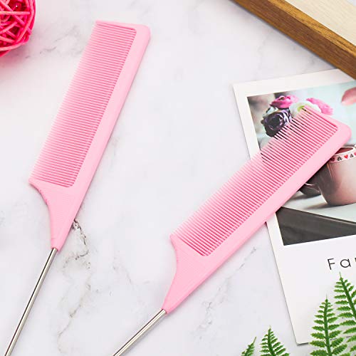 Leinuosen 3 Pack 9 Inch Carbon Fiber Rat Tail Comb with Metal Pick Pink