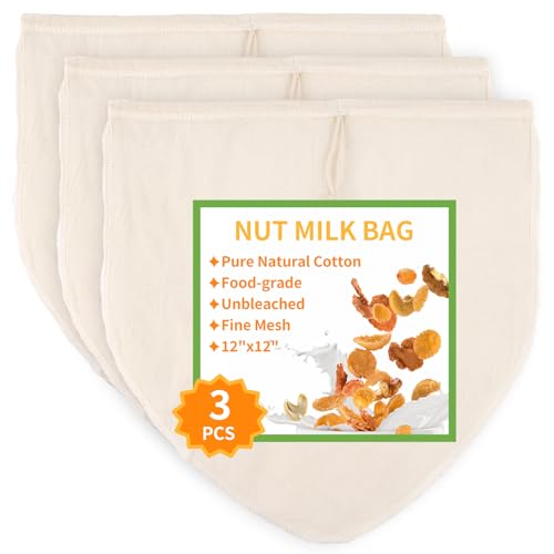 12x12 Inch Nut Milk Bags - 3 Pack Reusable Cheesecloth for Straining
