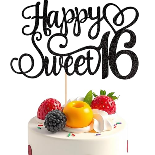 Elegant Black Glitter Sweet 16 Cake Topper for Birthday