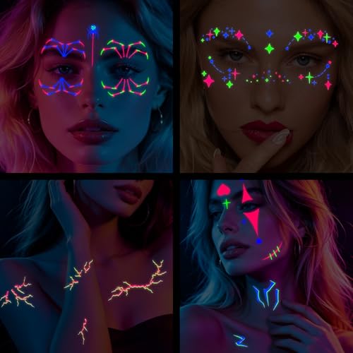 Konsait Glow in the Dark Face Temporary Tattoos 15 Sheets Neon Black Light