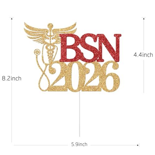 BSN 2026 Graduation Cake Topper Gold And Red Glitter Nursing School