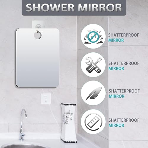 Quegau Silver 10.7x8 Inch Shatterproof Shower Mirror - 2 Pack, Wall Hanging & Portable
