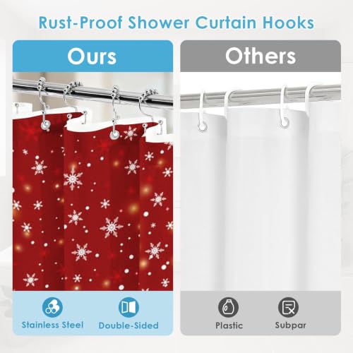 Red Christmas Snowflake Shower Curtain & Liner Set 72x72 Inch - Holiday Decor with Hooks