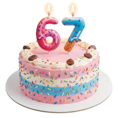 67 Meme Birthday Candle - Dripping Donut Ice Cream Cake Topper, Blue & Pink