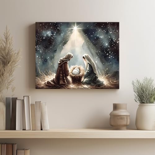 Nativity Scene Canvas Wall Art - Holy Family and Star Religious Christmas Decor - 24x30 Inch, Framed