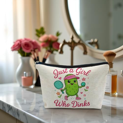Pickleball Makeup Bag Linen Travel Toiletry Pouch for Women Players