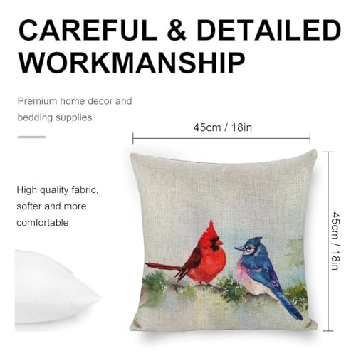 Linen Cardinal & Blue Jay 18x18 Pillow Covers - Farmhouse Decor