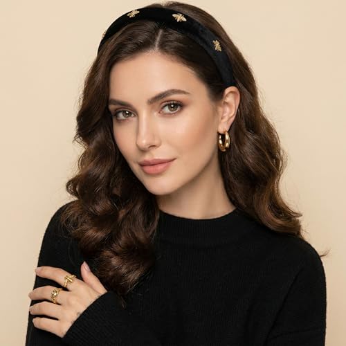 Black Velvet Headbands for Women 3-Piece Set with Pearl and Bee