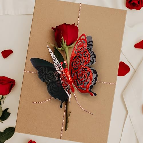 3D Red Butterfly Wall Stickers - 6pcs Removable Rose Butterfly Decals