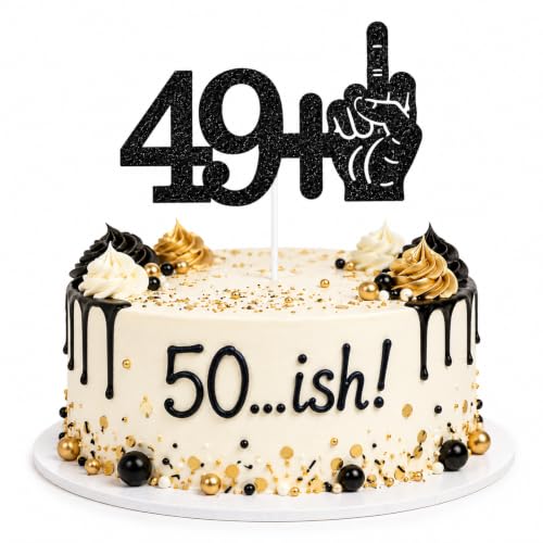 Funny 49+1 Black Glitter 50th Birthday Cake Topper
