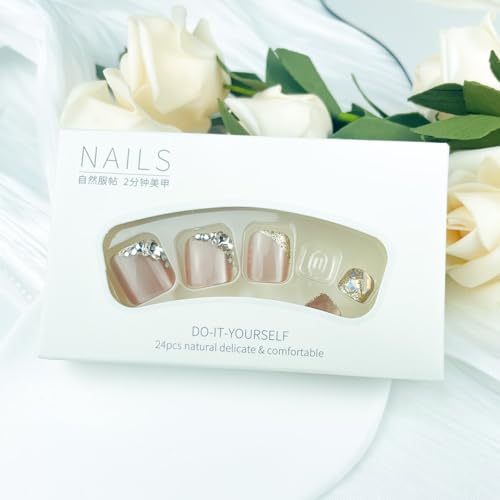 Glitter Press On Toe Nails Short Square Fake Toenails with Rhinestones