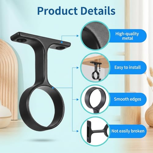 Black Stainless Steel Ceiling Curtain Rod Brackets - 2 PCS, 1-5/16" Diameter