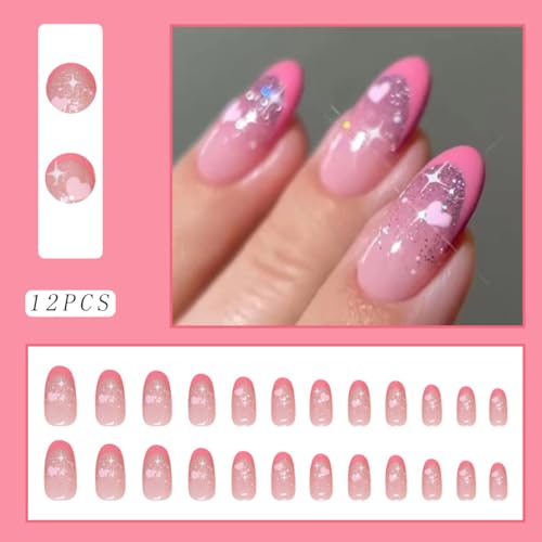 Pink Almond Press On Nails with Heart Star Design - 24Pcs Glossy French Tip
